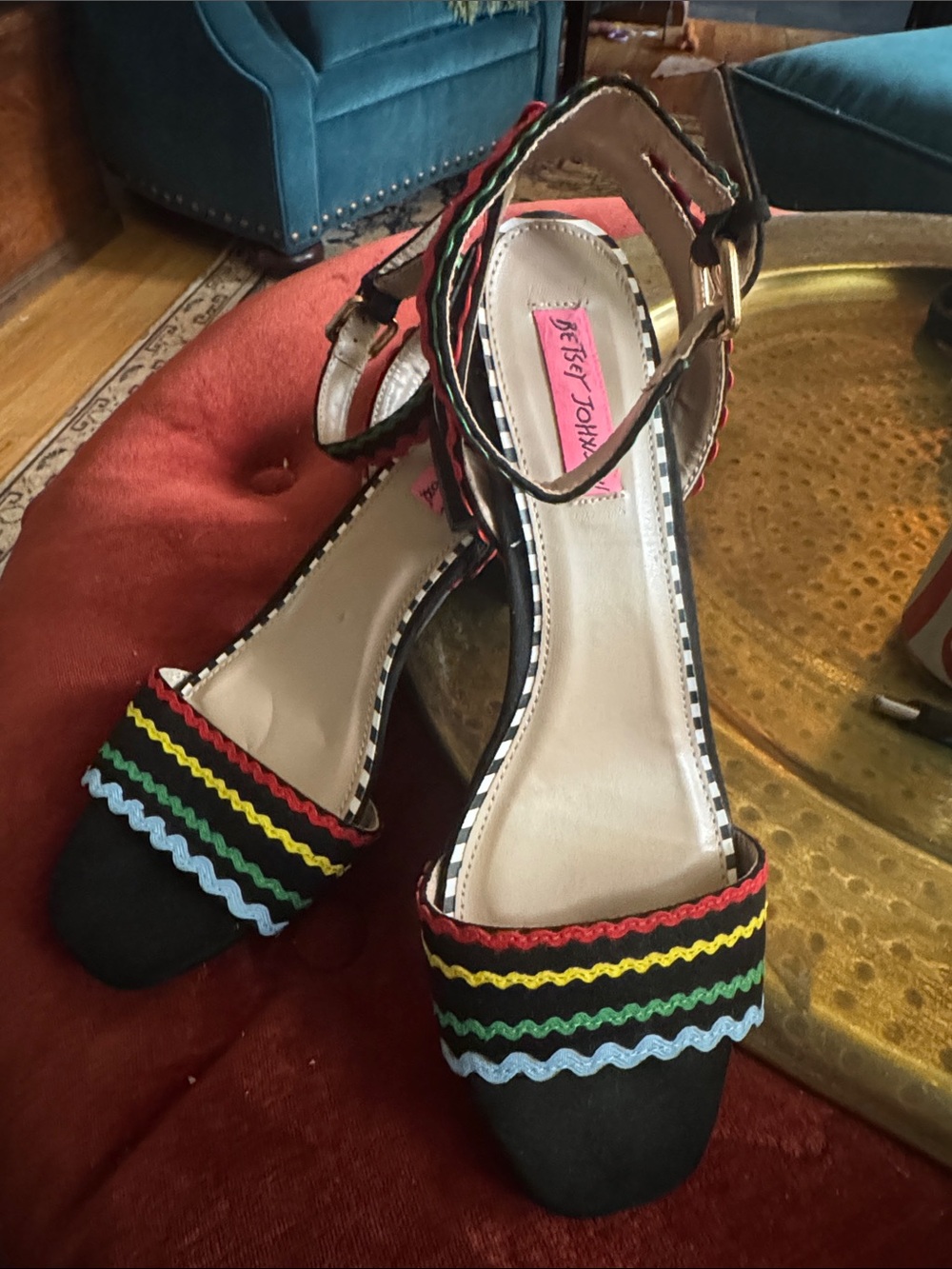 Betsey Johnson Black Open-Toe Heels with Rainbow Ric-Rac Straps